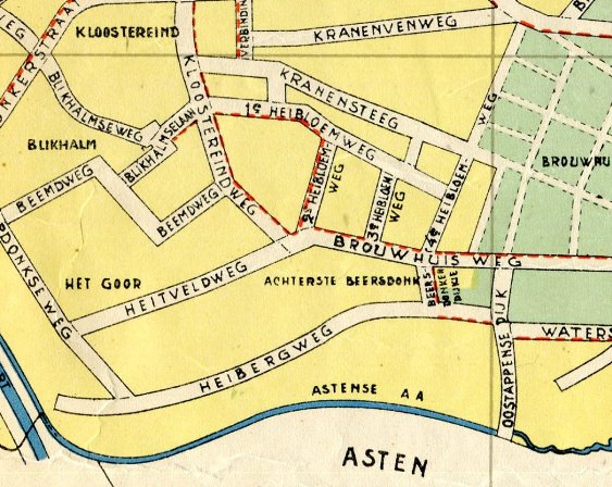 De Achterste Beersdonk op een stratenplan van de gemeente Deurne, 1953.