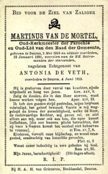 Bidprentje van Antonia de Veth (1813-1855), dochter van Petrus de Veth en Joanna Maria van Griensven, en haar echtgenoot Martinus van de Mortel (1810-1891).