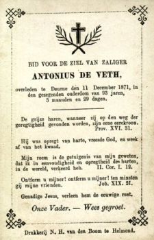 Bidprentje van Antonius de Veth (1778-1871), zoon van Joannes de Veth en Joanna Maria Goossens.