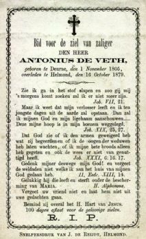 Bidprentje van Antonius de Veth (1805-1879), zoon van Josephus Judocus de Veth en Anna Christina van den Boomen.