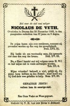 Bidprentje van Nicolaus de Veth (1776-1863), zoon van Joannes de Veth en Joanna Maria Goossens.